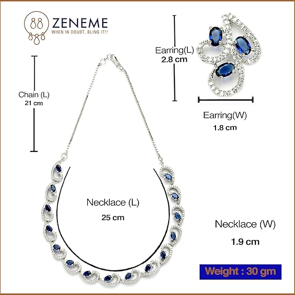 ZENEME Rhodium-Plated with Silver-Toned White Cubic Zirconia & American Diamond studded Necklace and Drop Earrings Jewellery Set for women - Image 3