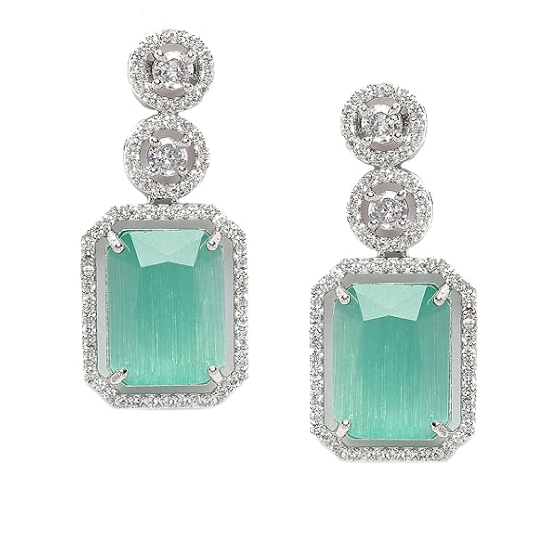 ZENEME Oxidised Silver-Plated American Diamond studded Oval Shaped Drop Earrings - Image 2